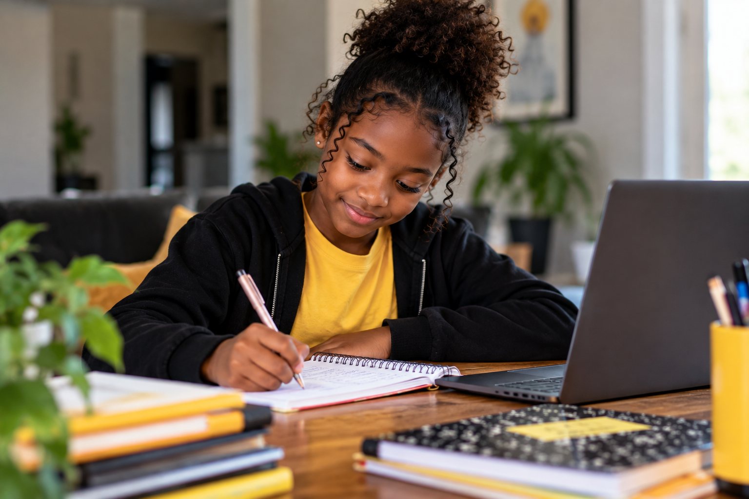 A smiling young girl in a yellow shirt and black hoodie writing in a notebook at a wooden table, with a laptop beside her.